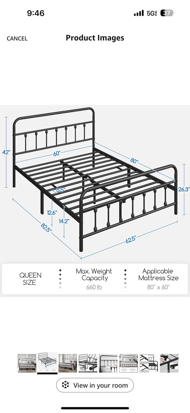 Queen Size Metal Bed Frame - Black - Simple Style - photo 3