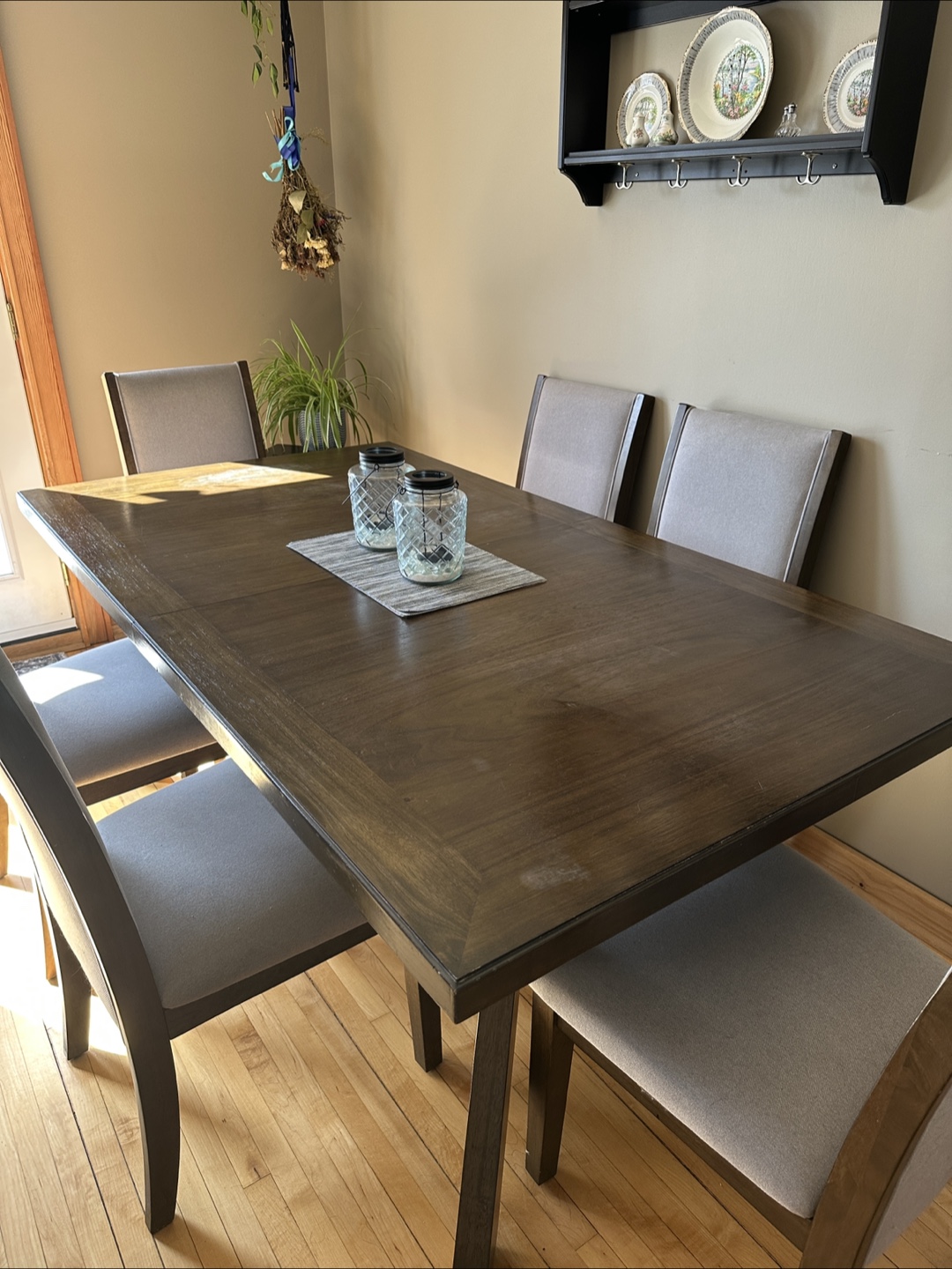 6-Piece Dining Set - Dark Brown Table & Grey Chairs