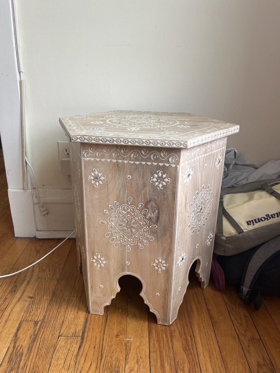 Hexagonal Wooden Side Table with Intricate Carving