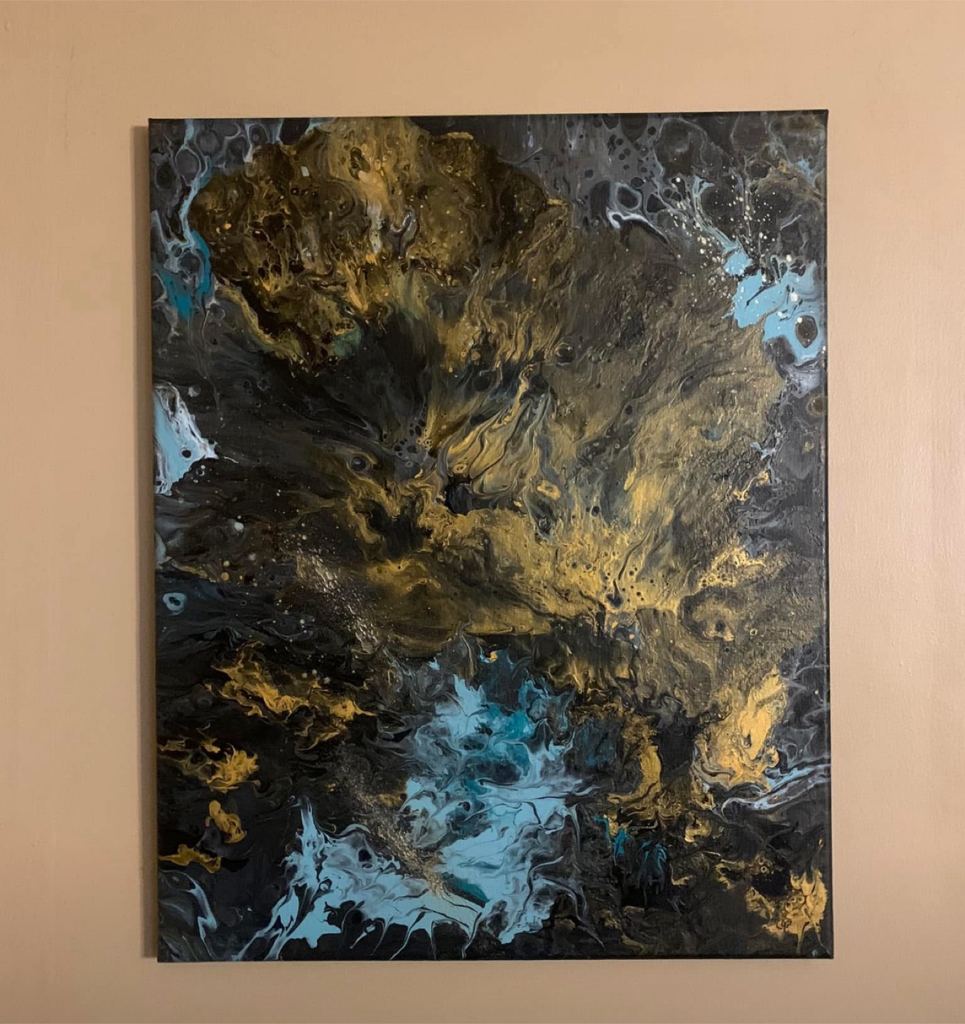 Fluid Acrylic Pour Painting - Gold, Teal & Black