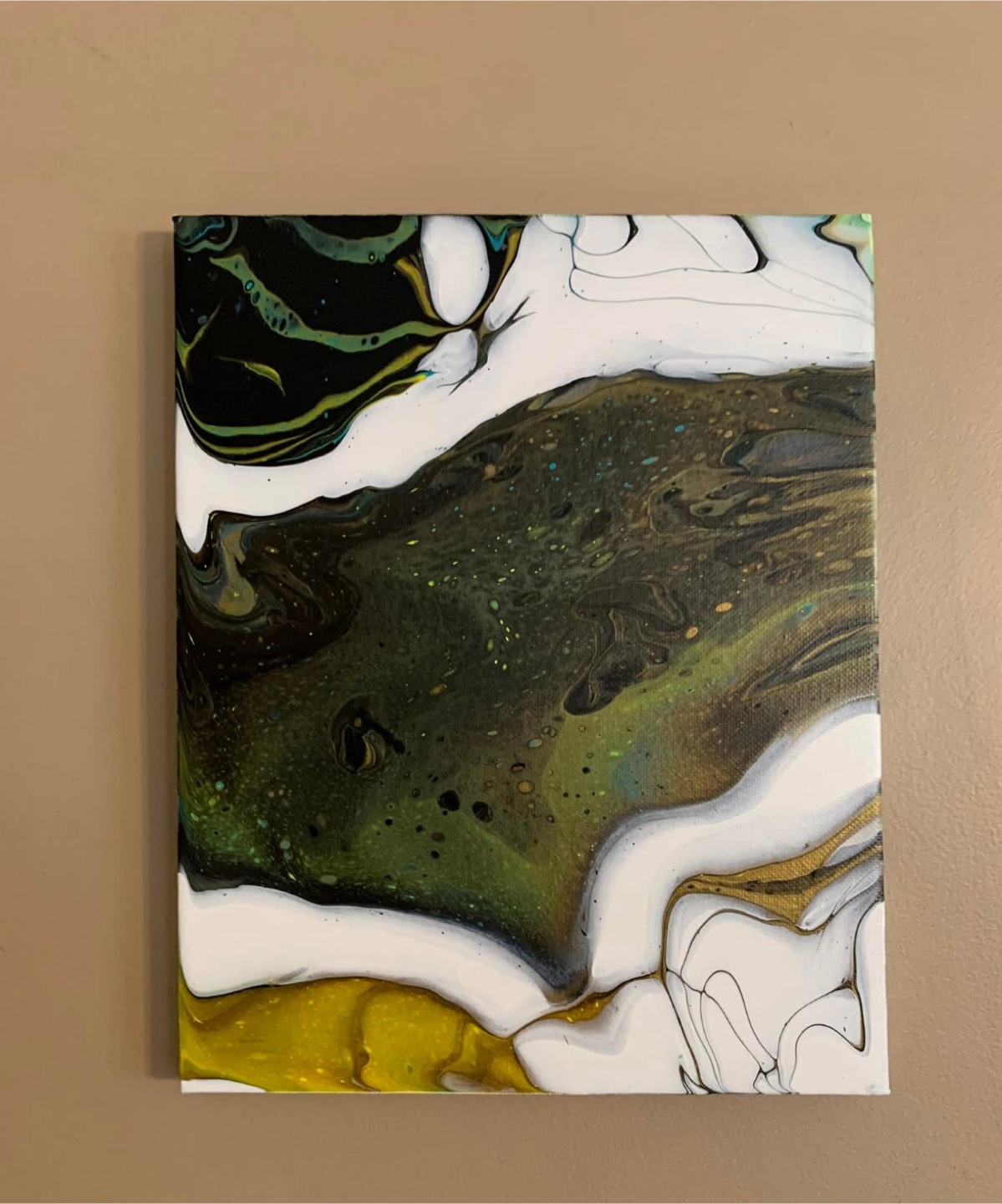 Original Abstract Pour Painting - Green, Black, and Gold