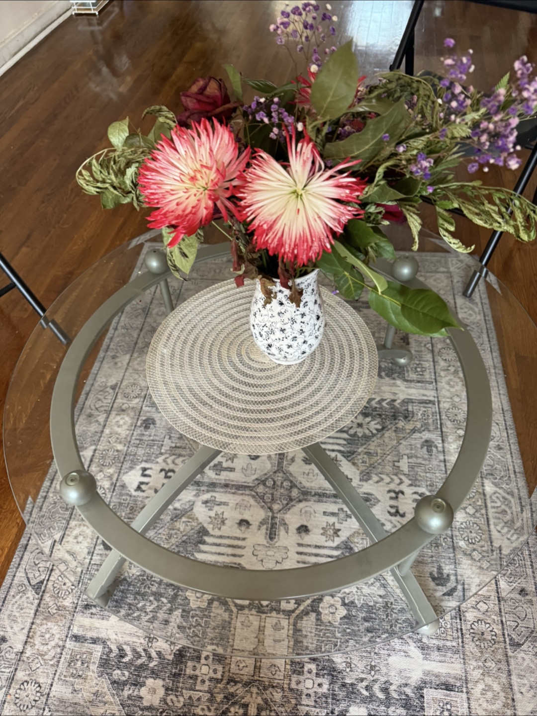 Round Glass Coffee Table and Two Side Tables with Metal Frame - photo 2