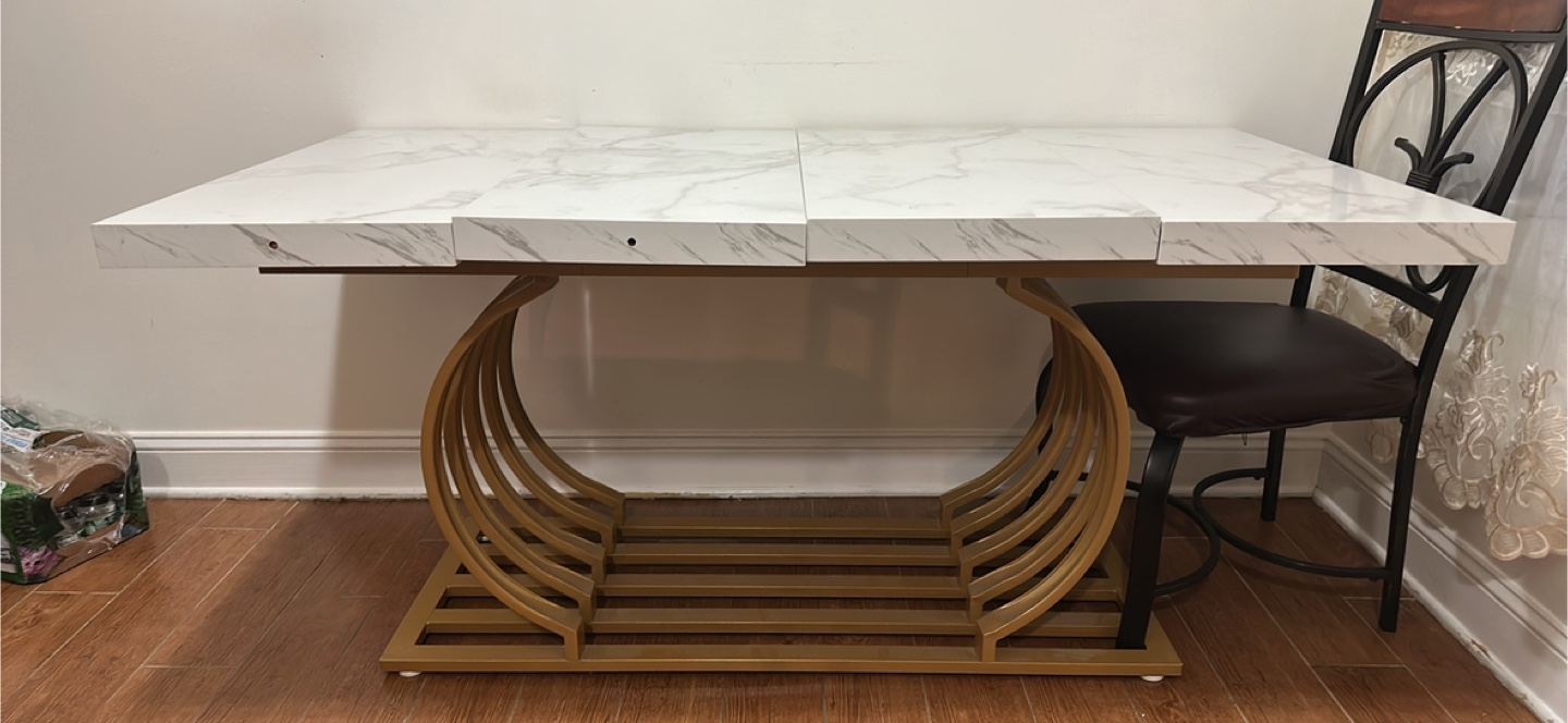 Extendable Dining Table with Marble Top and Gold Metal Base