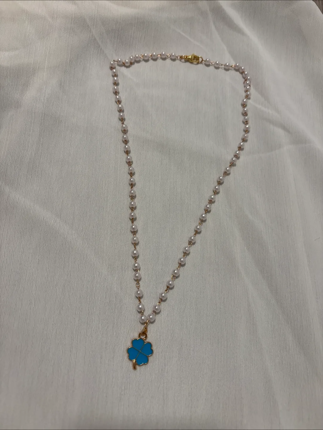 Dainty Pearl Necklace with Four-Leaf Clover Charm thumbnail