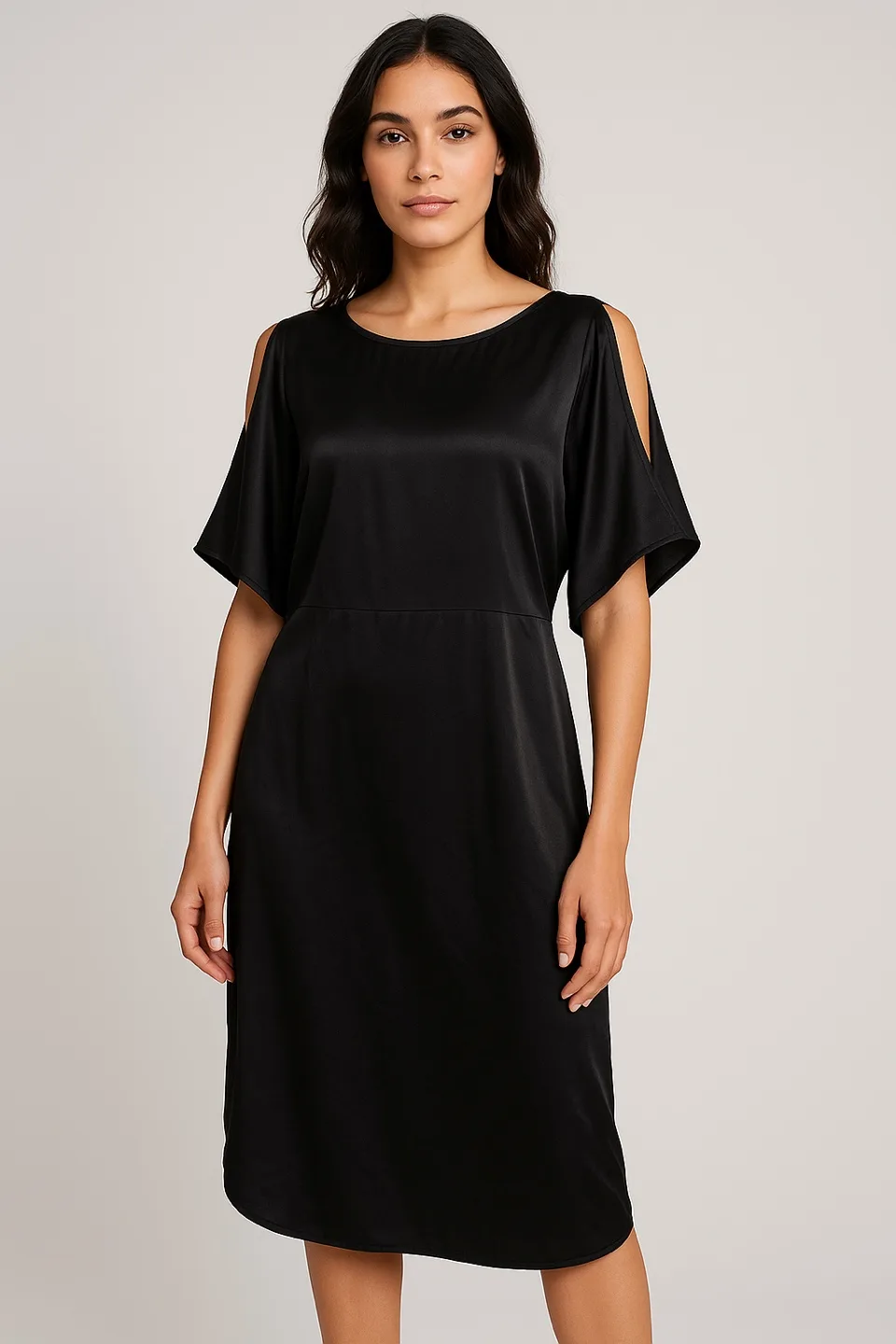 Vila Black Satin Bloomen Tunic Open-Shoulder Midi Dress Size L thumbnail
