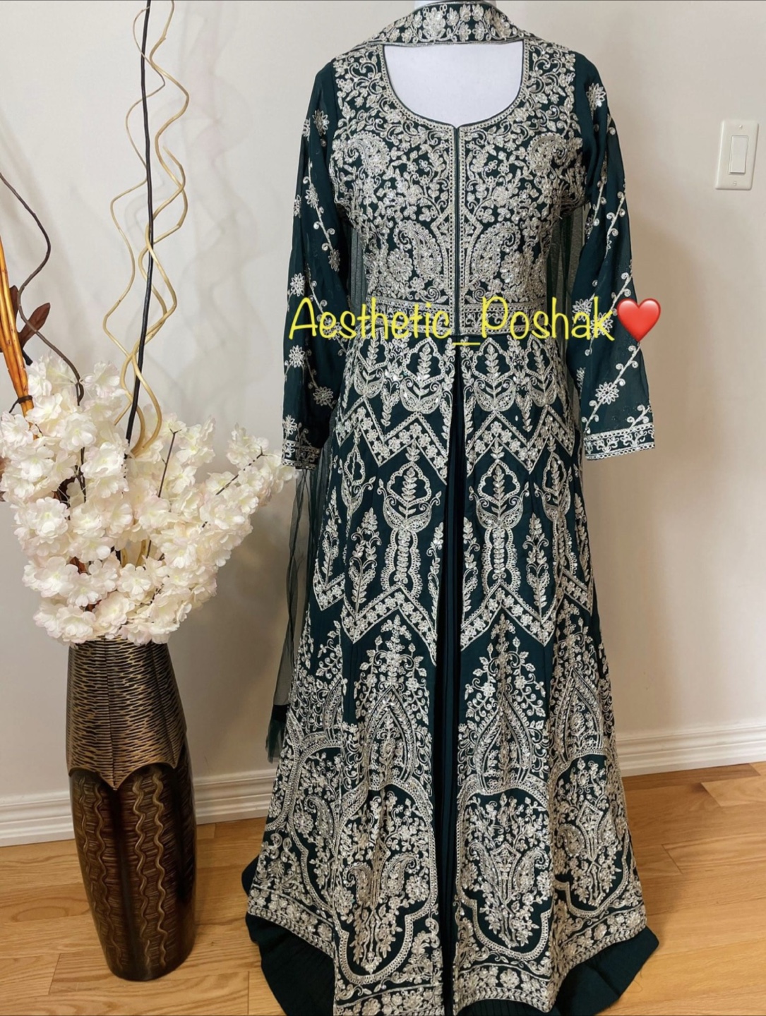 Gorgeous Emerald Green Embroidered Pakistani front cut dress