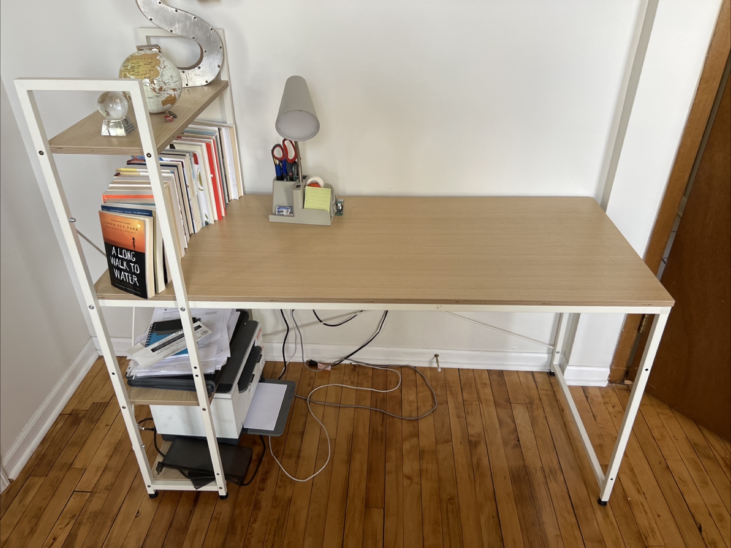 White and Light Wood Computer Desk with Bookshelf