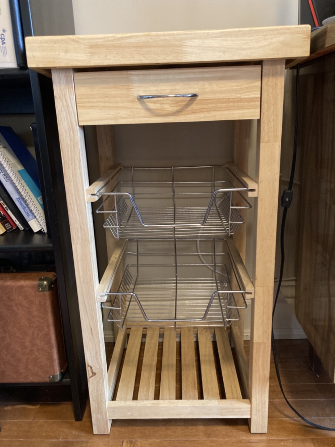 Kitchen storage stand - wood, drawer & baskets