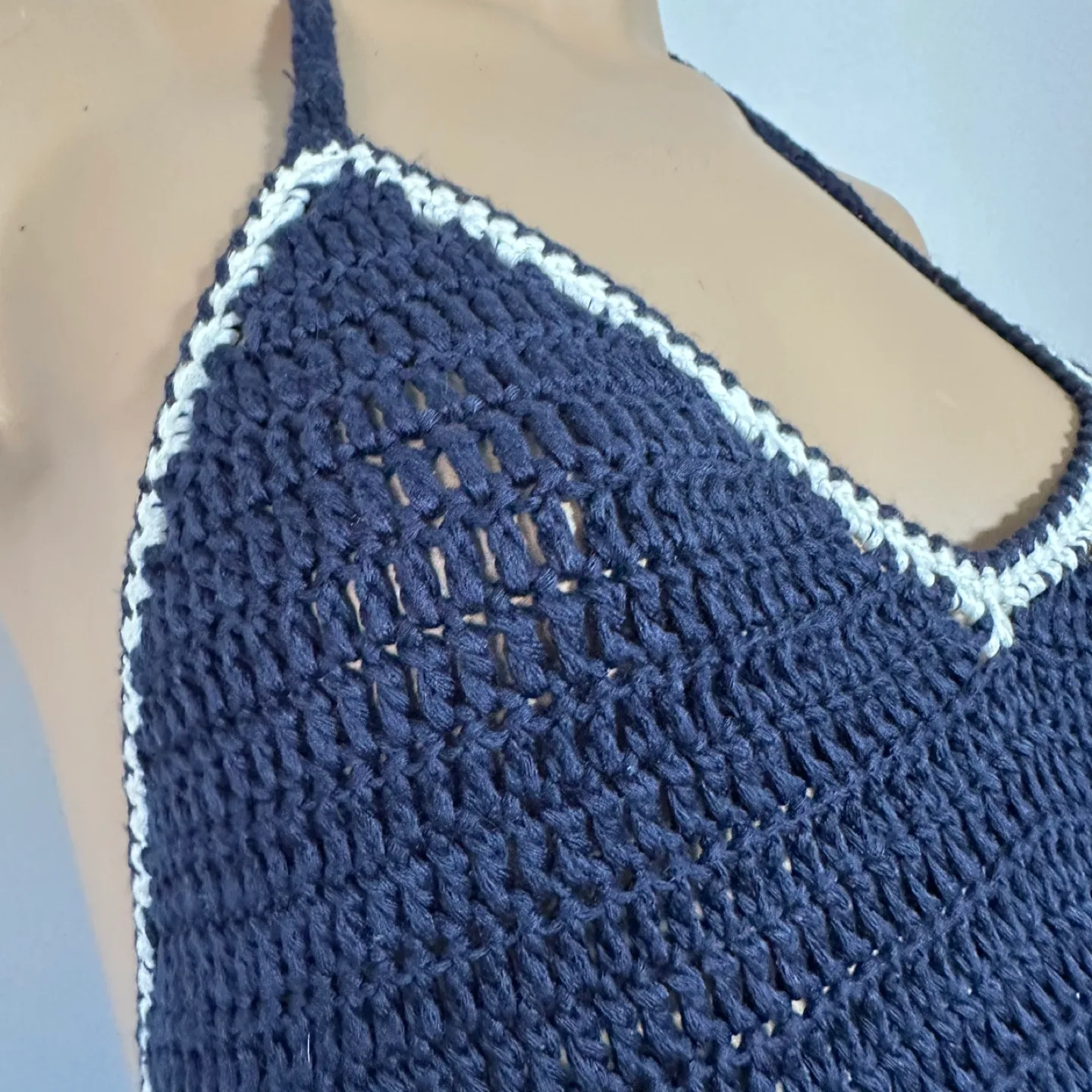 Bohemian Crochet Halter Top, Navy and Cream Tassels Size L image indicator(3)