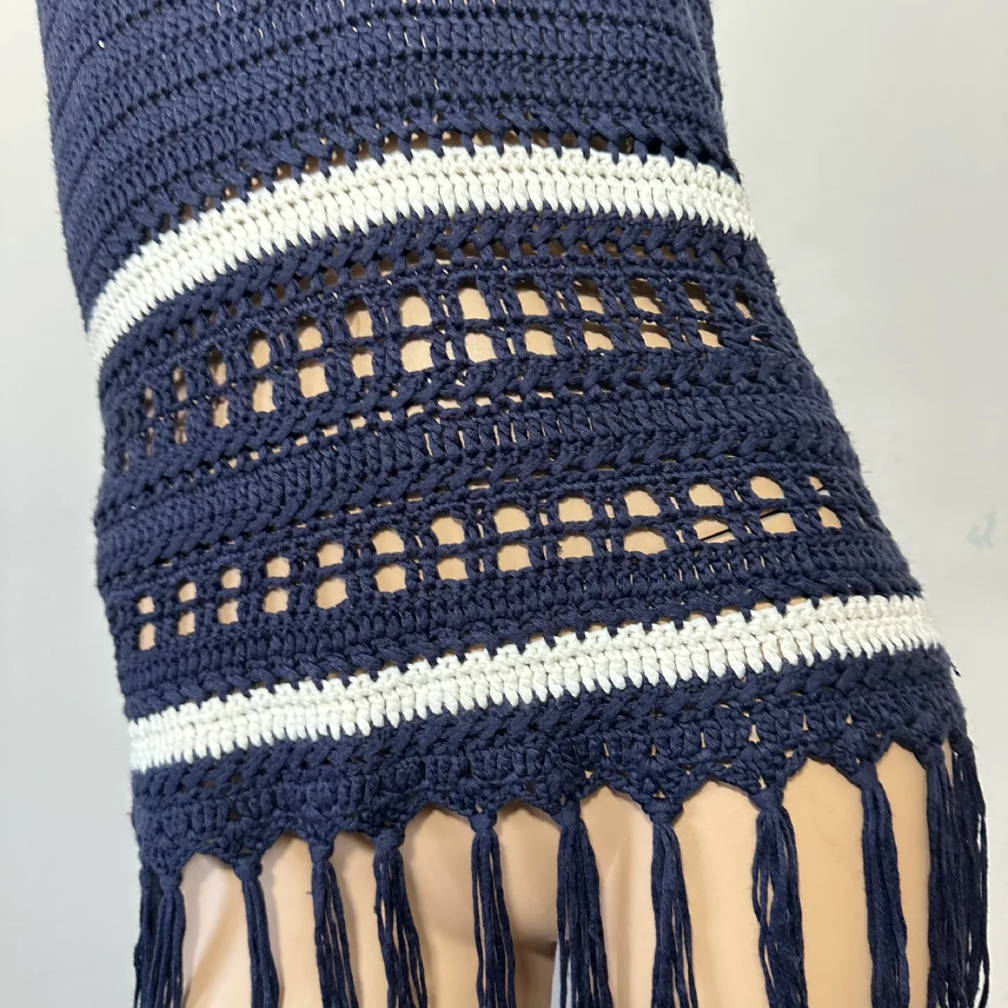 Bohemian Crochet Halter Top, Navy and Cream Tassels Size L image indicator(5)