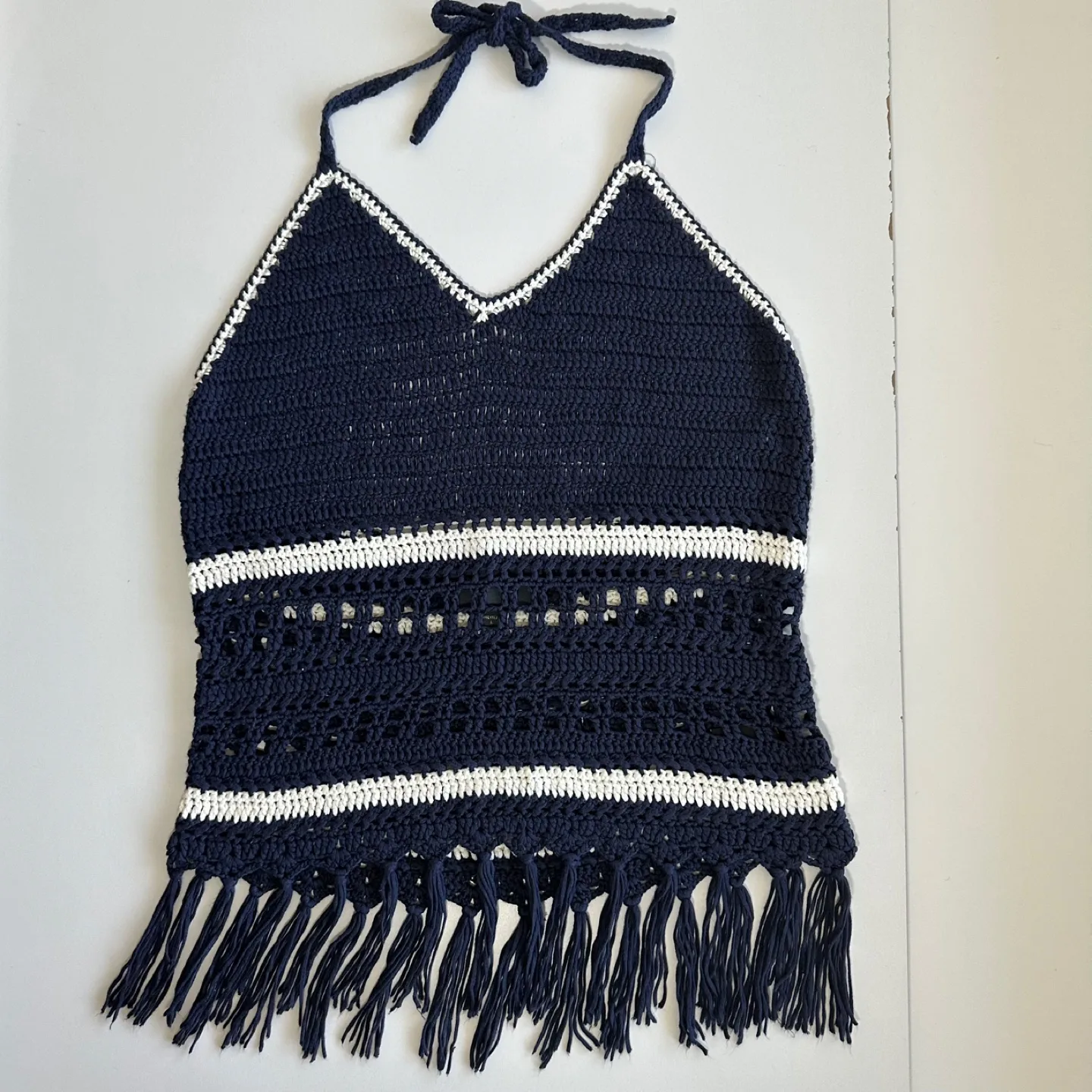 Bohemian Crochet Halter Top, Navy and Cream Tassels Size L image indicator(2)