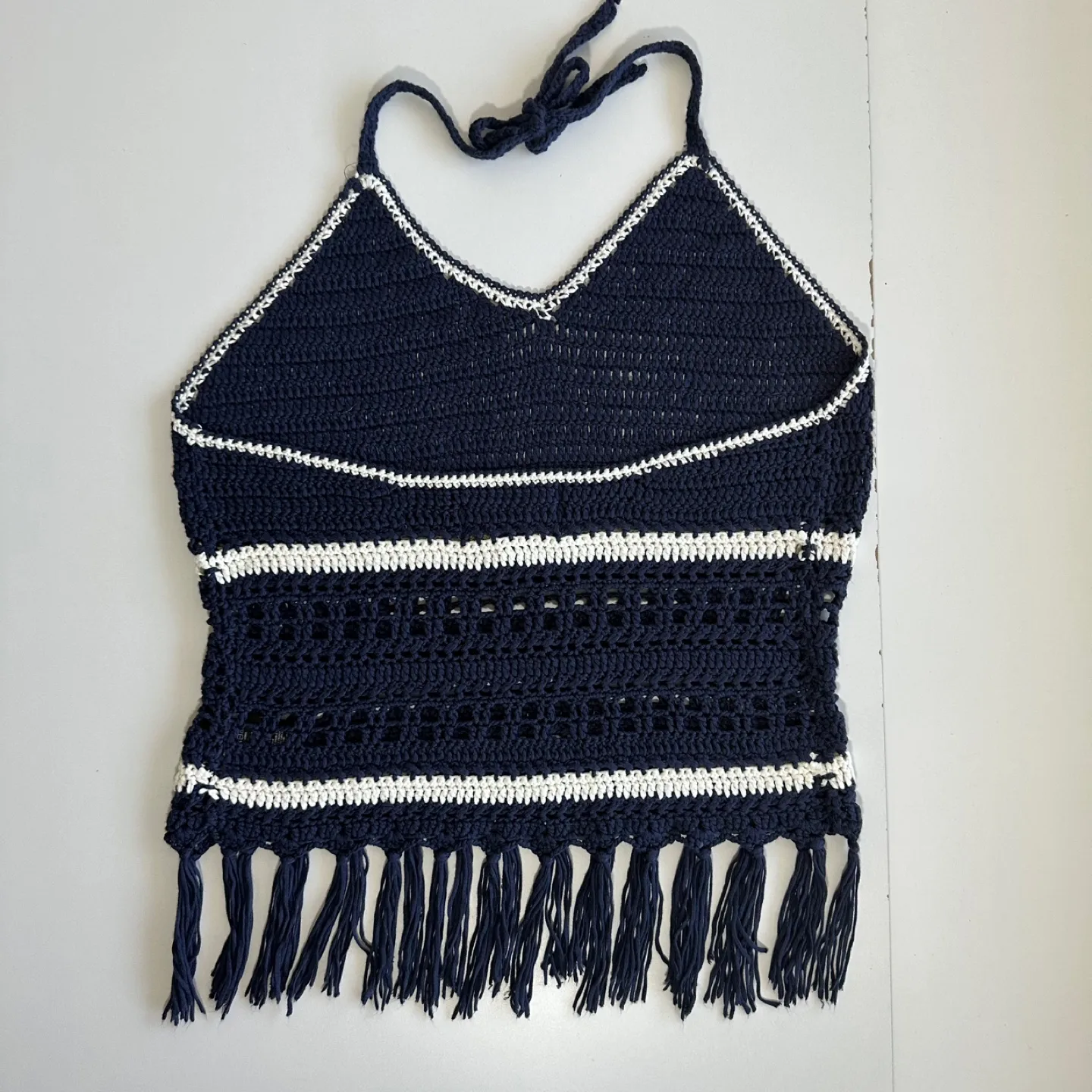 Bohemian Crochet Halter Top, Navy and Cream Tassels Size L image indicator(6)