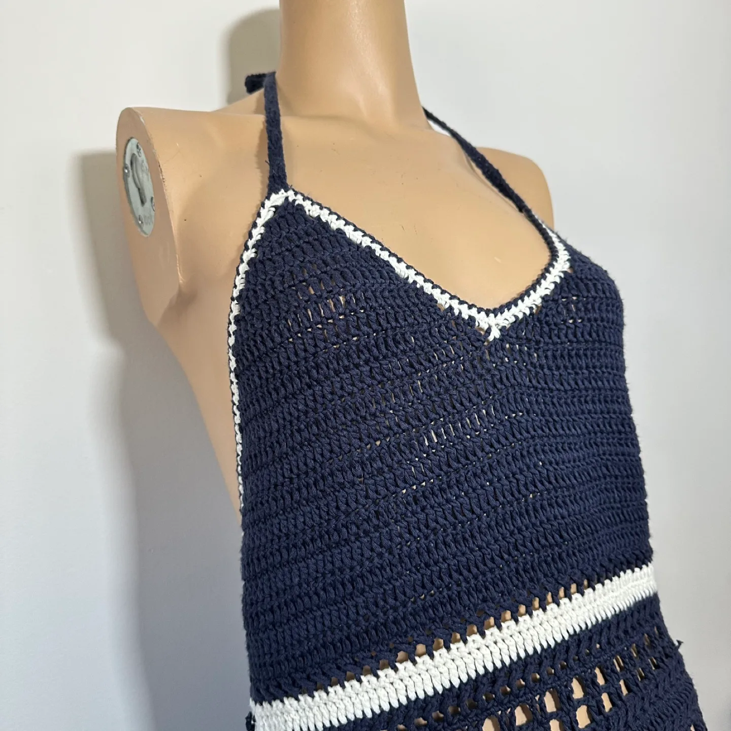Bohemian Crochet Halter Top, Navy and Cream Tassels Size L image indicator(10)
