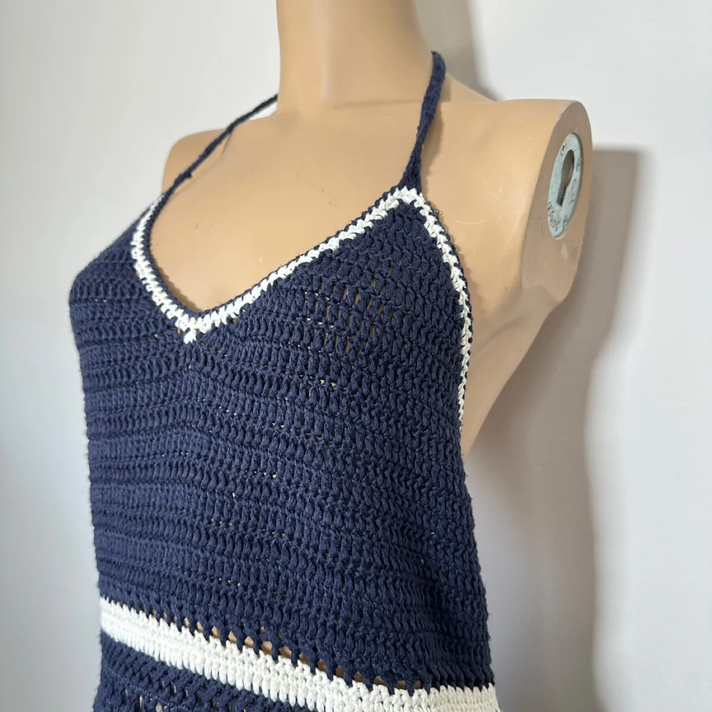 Bohemian Crochet Halter Top, Navy and Cream Tassels Size L image indicator(9)