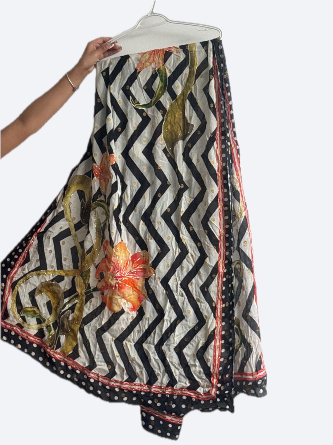 Hand-painted Floral Scarf - Black & White Chevron