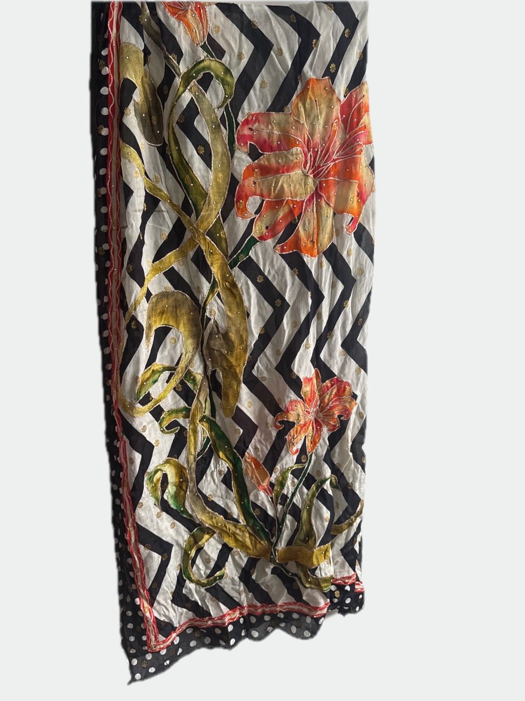 Hand-painted Floral Scarf - Black & White Chevron - photo 2