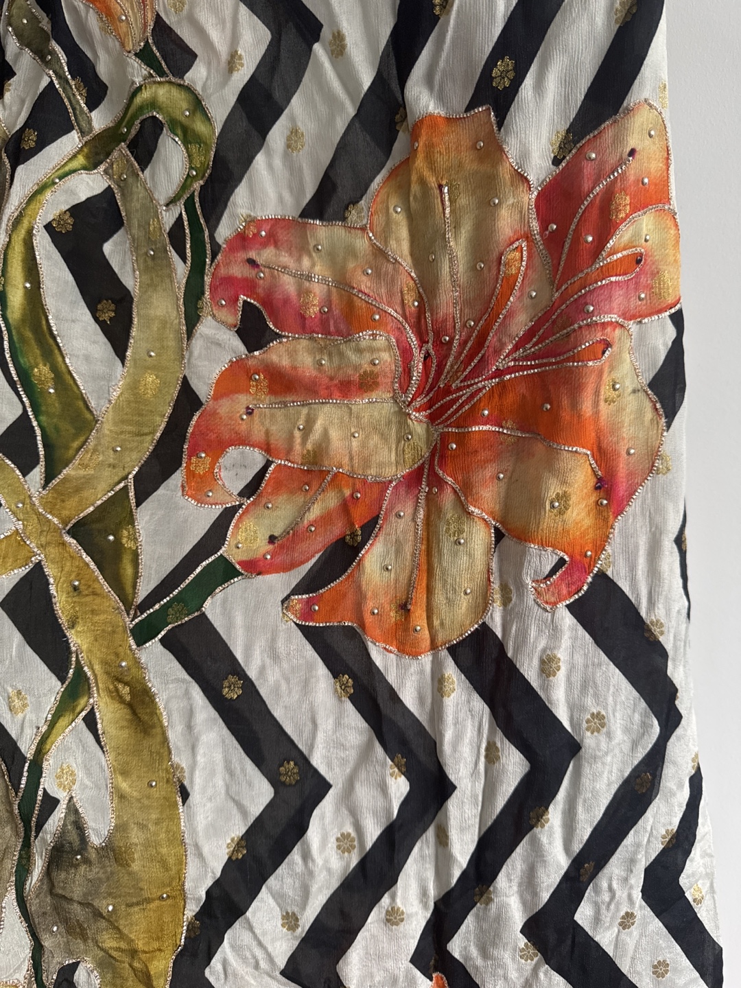 Hand-painted Floral Scarf - Black & White Chevron - photo 3