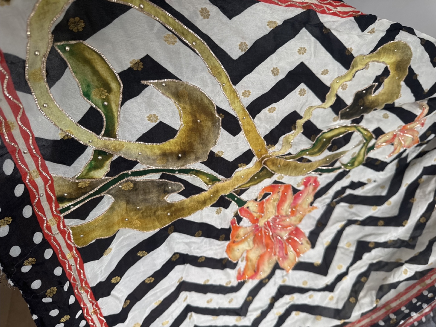 Hand-painted Floral Scarf - Black & White Chevron - photo 4