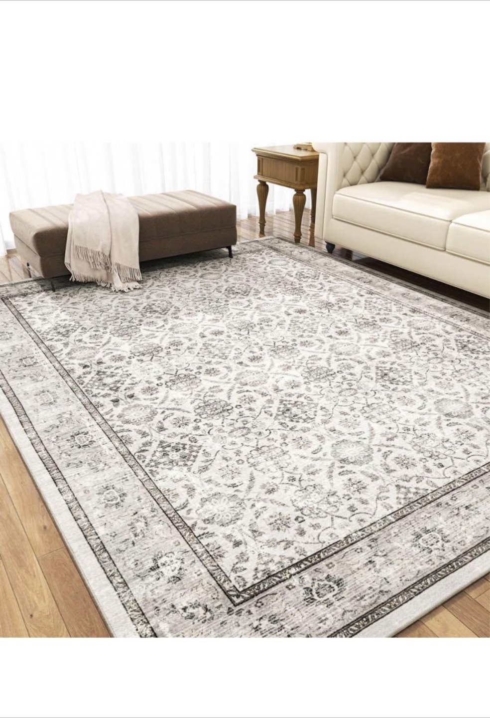 New Elegant Grey and White Area Rug Floral 5x7