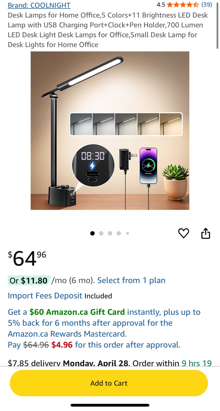 COOLIGHT Desk Lamp with USB Charging Port & Clock