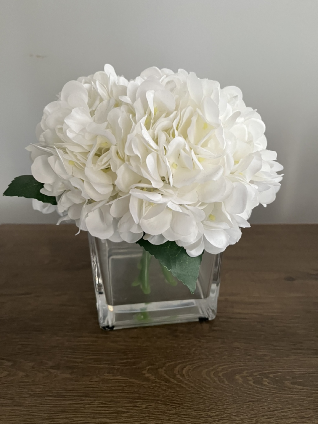 Artificial White Hydrangea in Glass Cube Vase