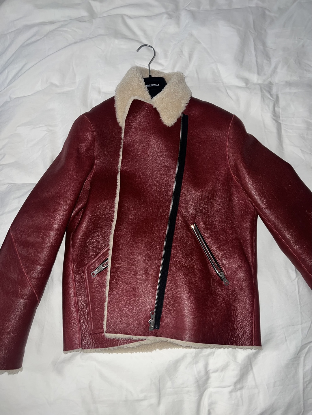 Sandro Paris Burgundy Leather Shearling Jacket