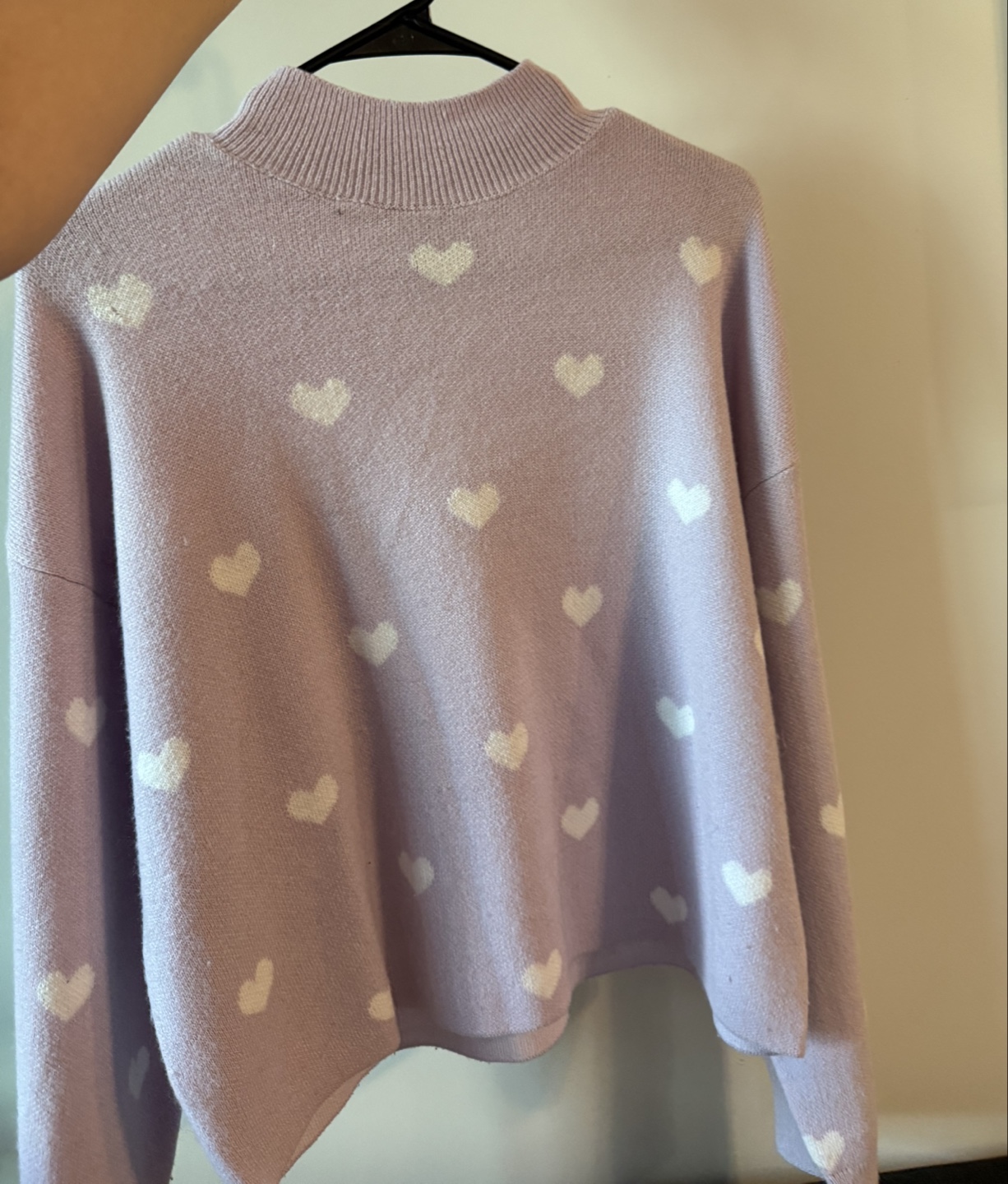 Lavender Mock Neck Sweater with White Hearts