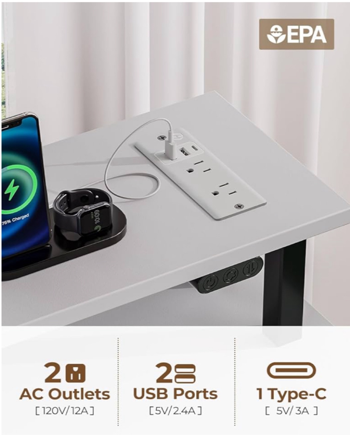 White Computer Desk with Built-in Outlets and USB Ports