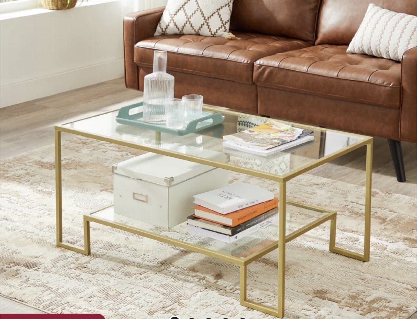 Gold Metal and Glass Coffee Table with Shelf - photo 4