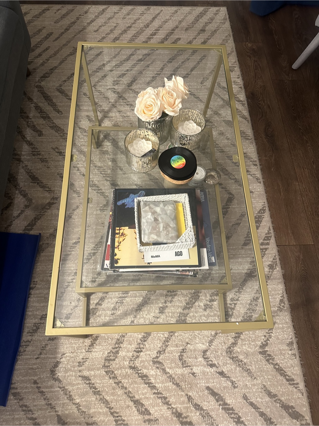 Gold Metal and Glass Coffee Table with Shelf - photo 2