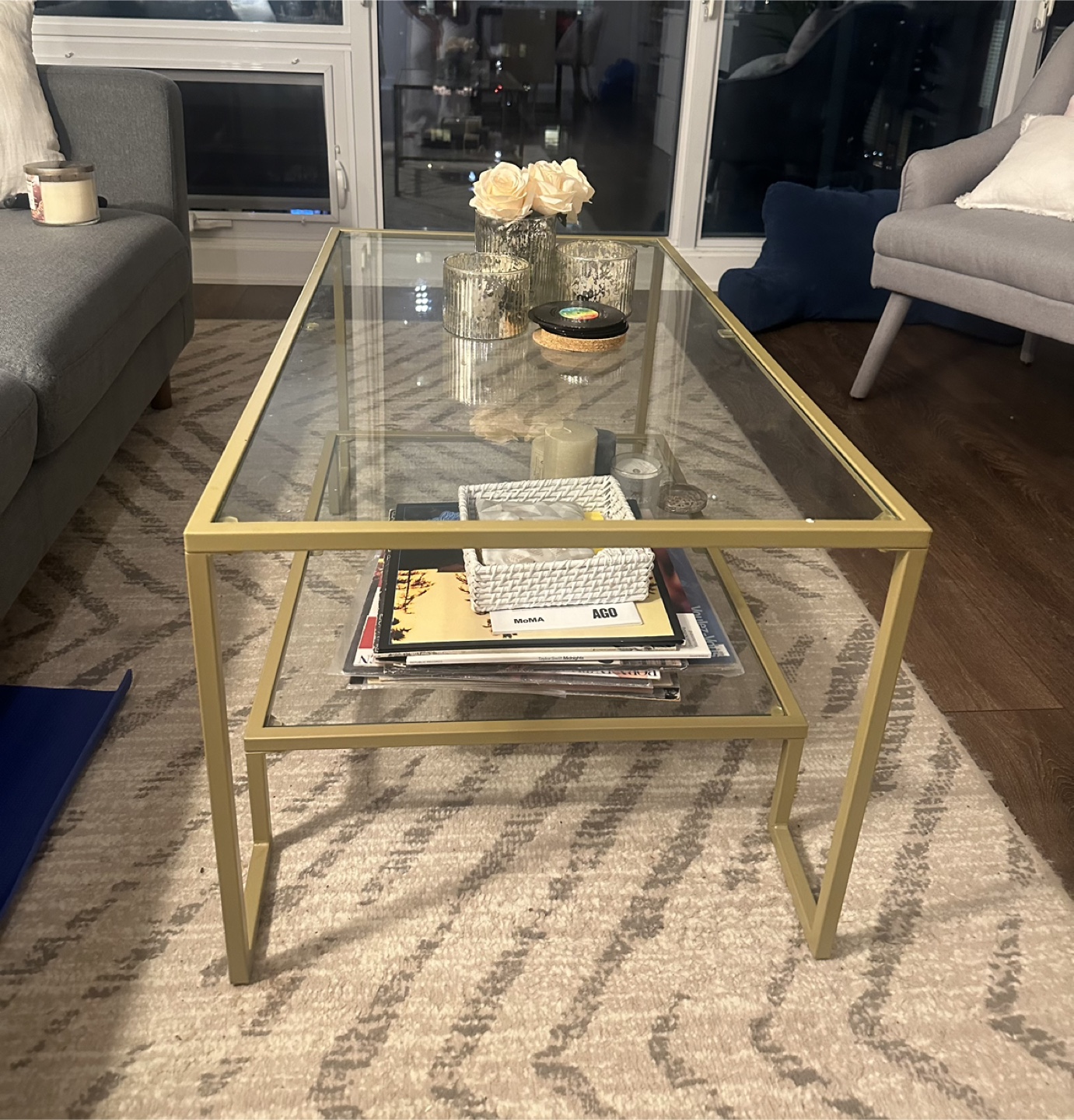 Gold Metal and Glass Coffee Table with Shelf