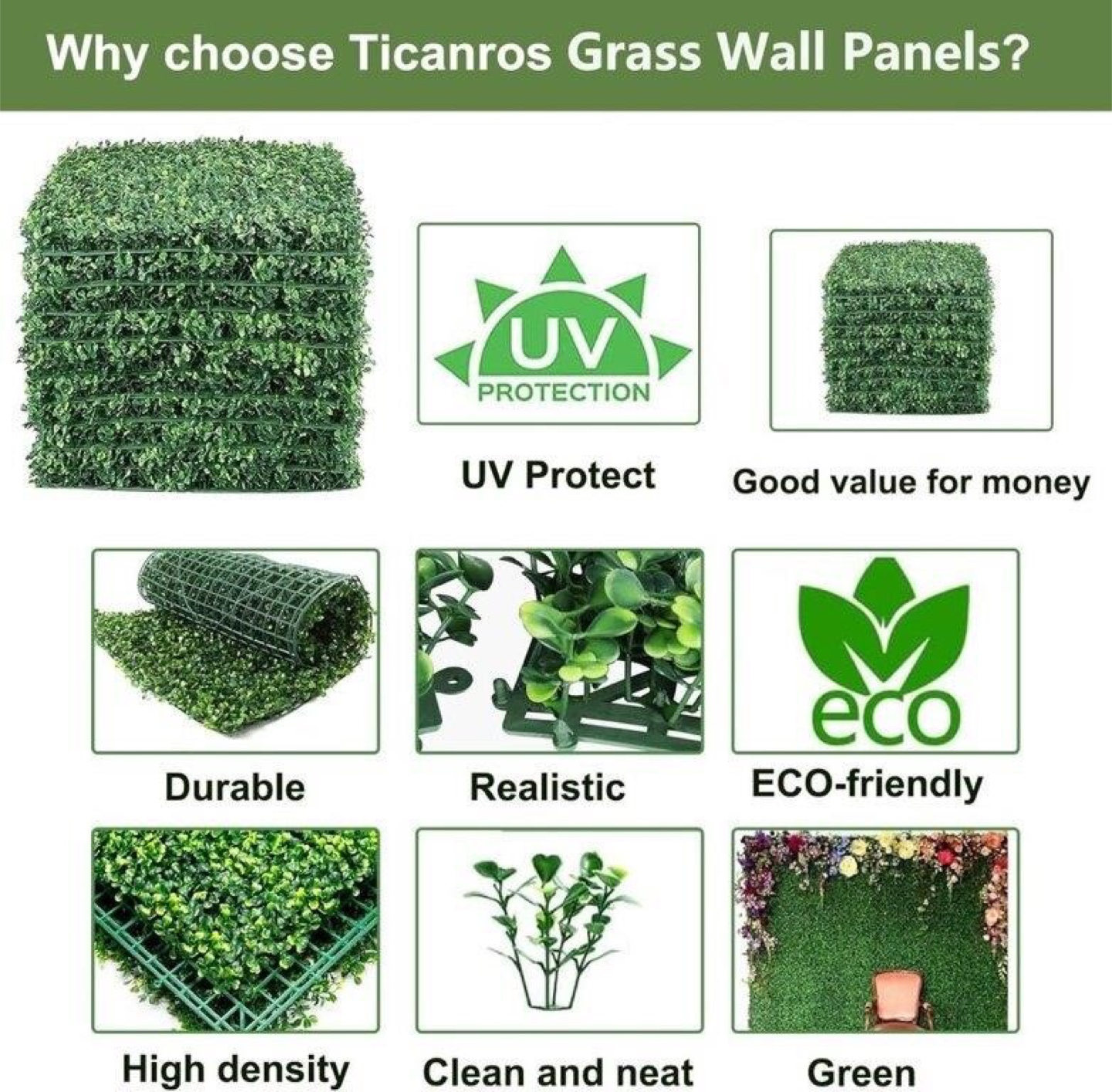 Ticanros Artificial Grass Wall Panels - 12 Pack, 33.36 sq ft - photo 3