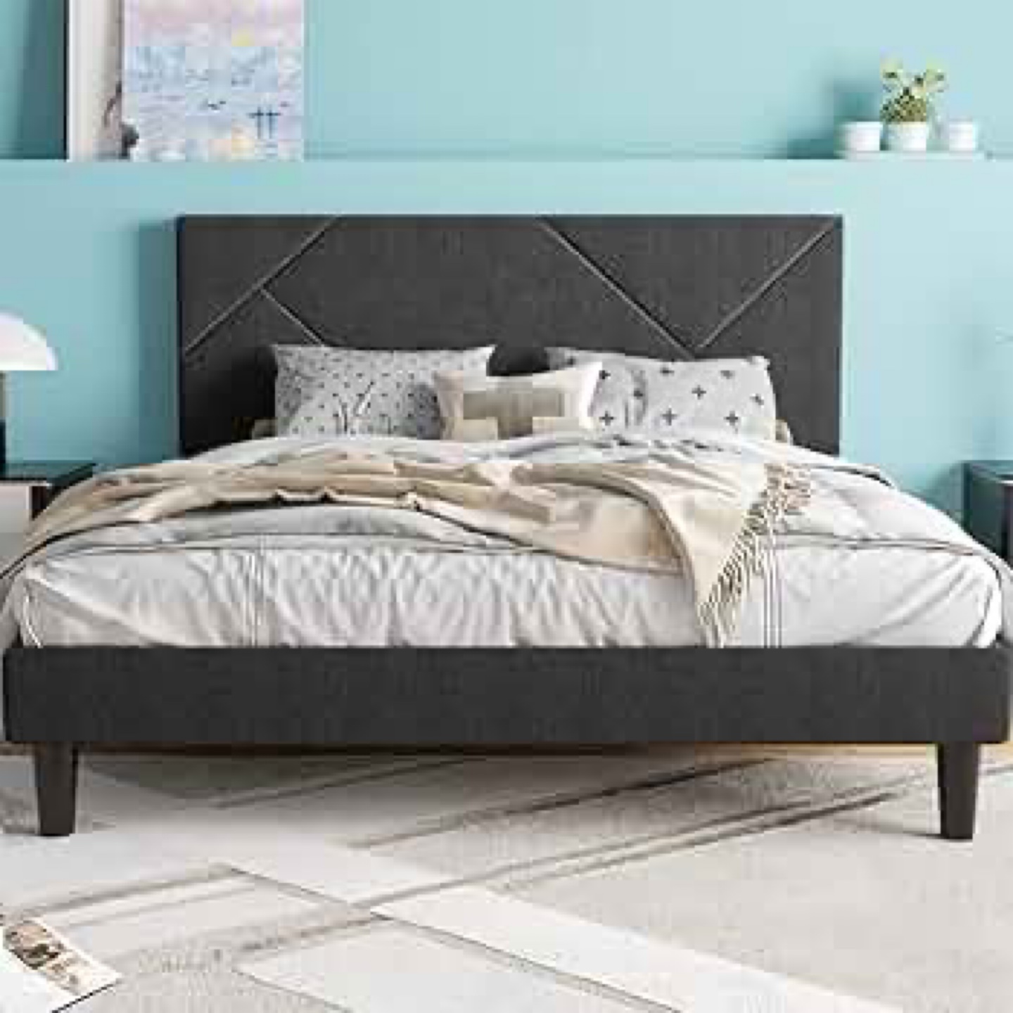 Queen Size Platform Bed Frame with Headboard - Dark Gray - photo 3