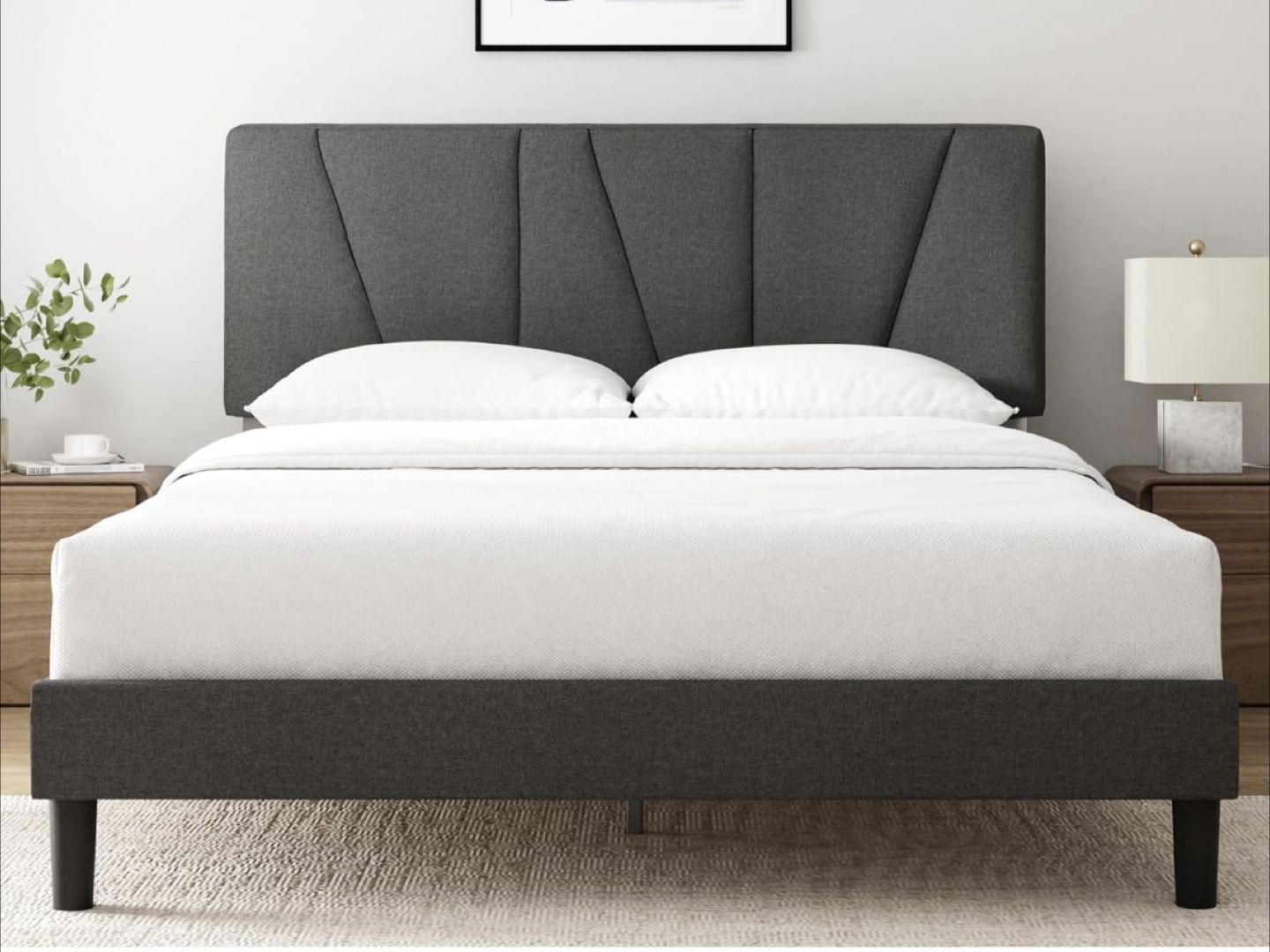 Queen Size Platform Bed Frame with Headboard - Dark Gray