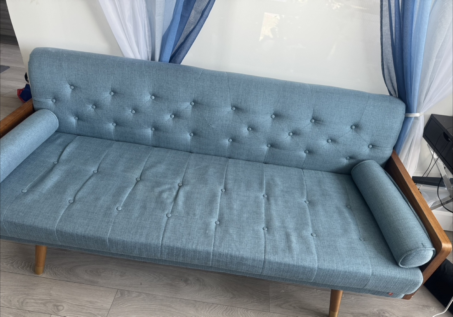 Mid-Century Modern Sofa - Teal Fabric & Wood Legs