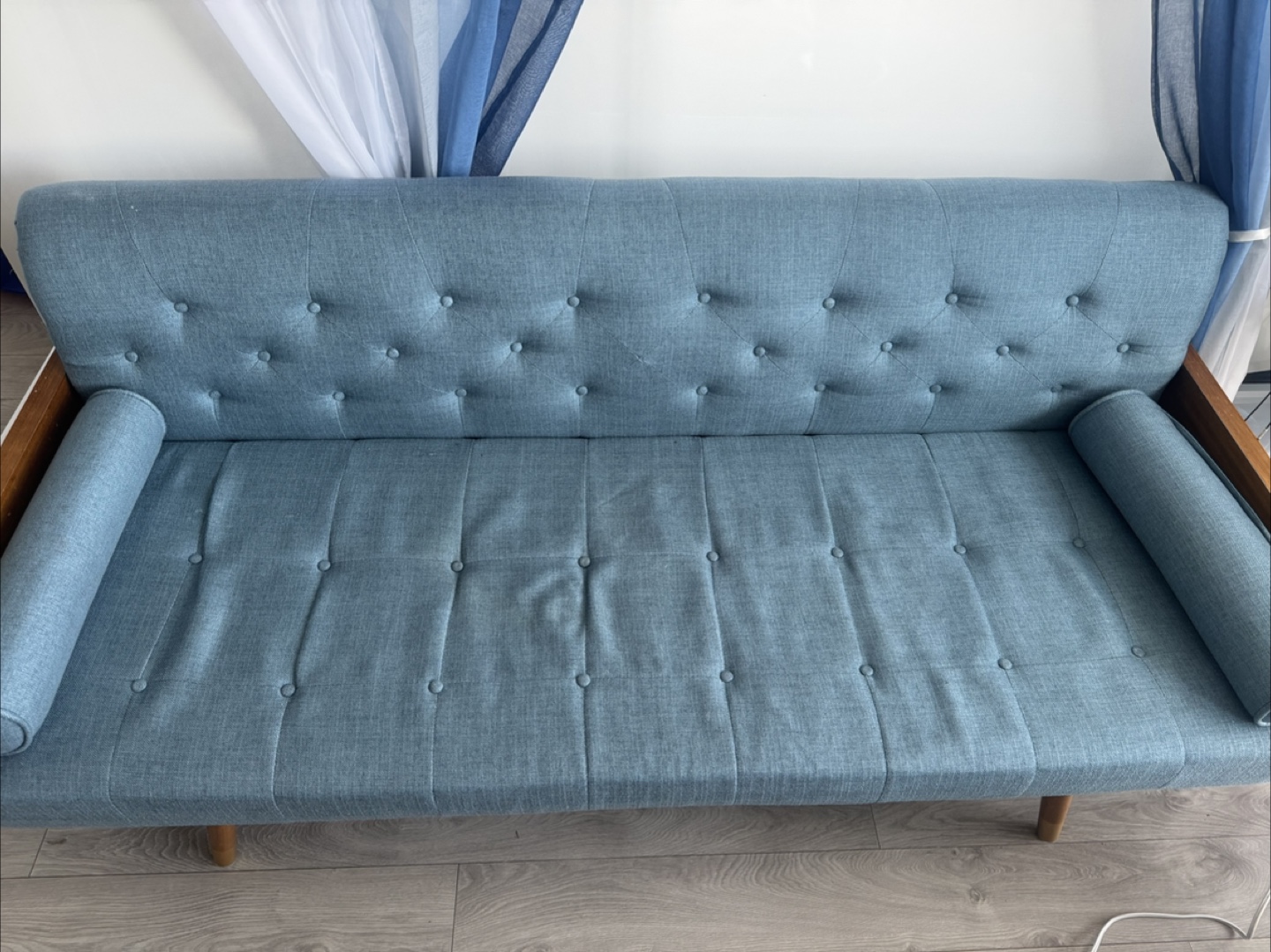 Mid-Century Modern Sofa - Teal Fabric & Wood Legs - photo 2