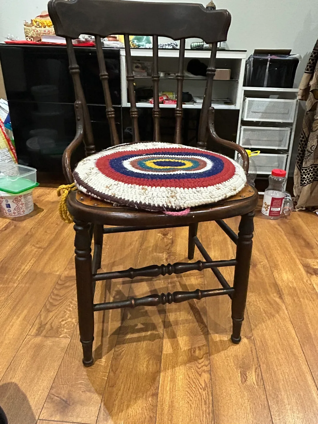 Vintage Wooden Chair with Crochet Cushion thumbnail