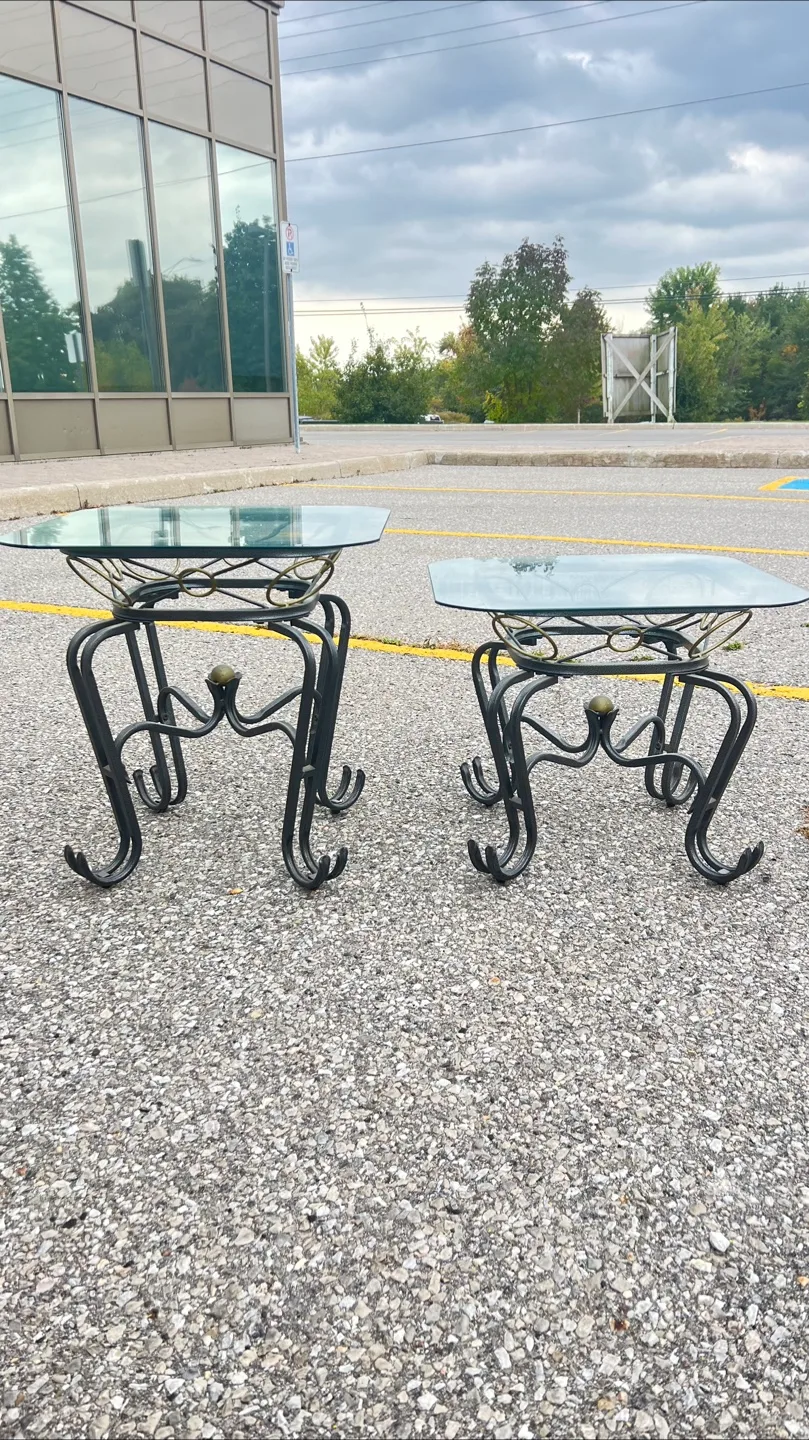 Pair of Mid-Century Modern Wrought Iron and Glass Side Tables image indicator(2)