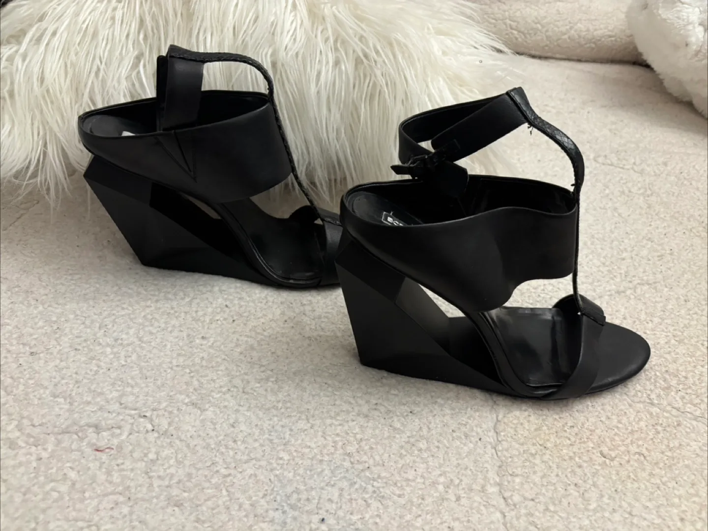 BCBGMAXAZRIA Black Leather Wedge Sandals thumbnail