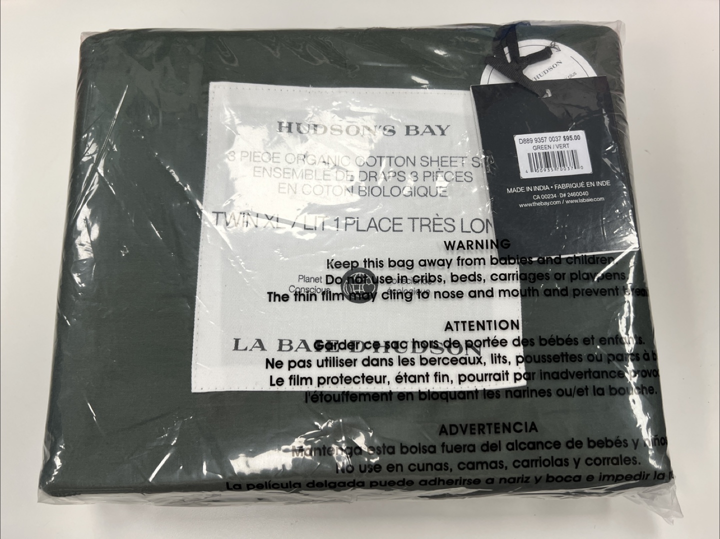 Hudson's Bay 3-Piece Organic Cotton Twin XL Sheet Set - Green