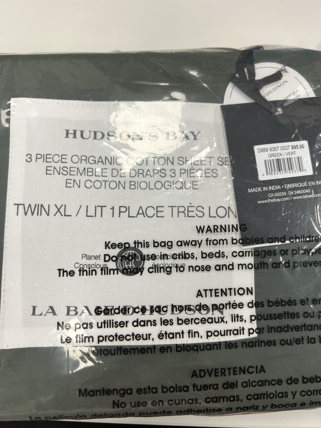Hudson's Bay 3-Piece Organic Cotton Twin XL Sheet Set - Green - photo 2