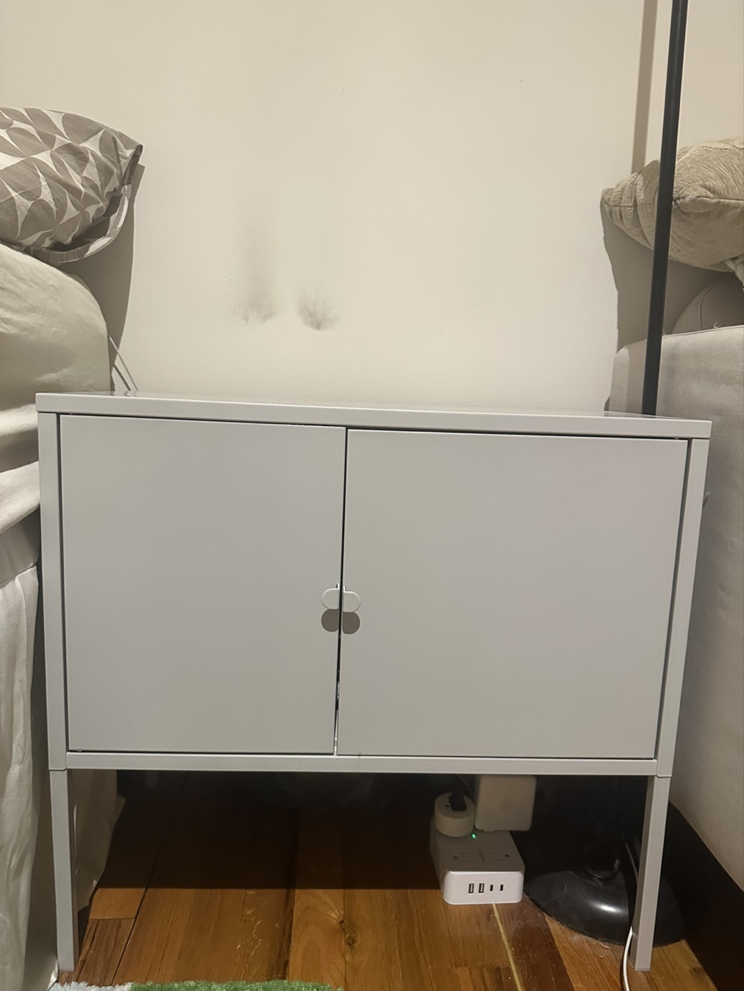 Grey Metal Nightstand with Cabinet