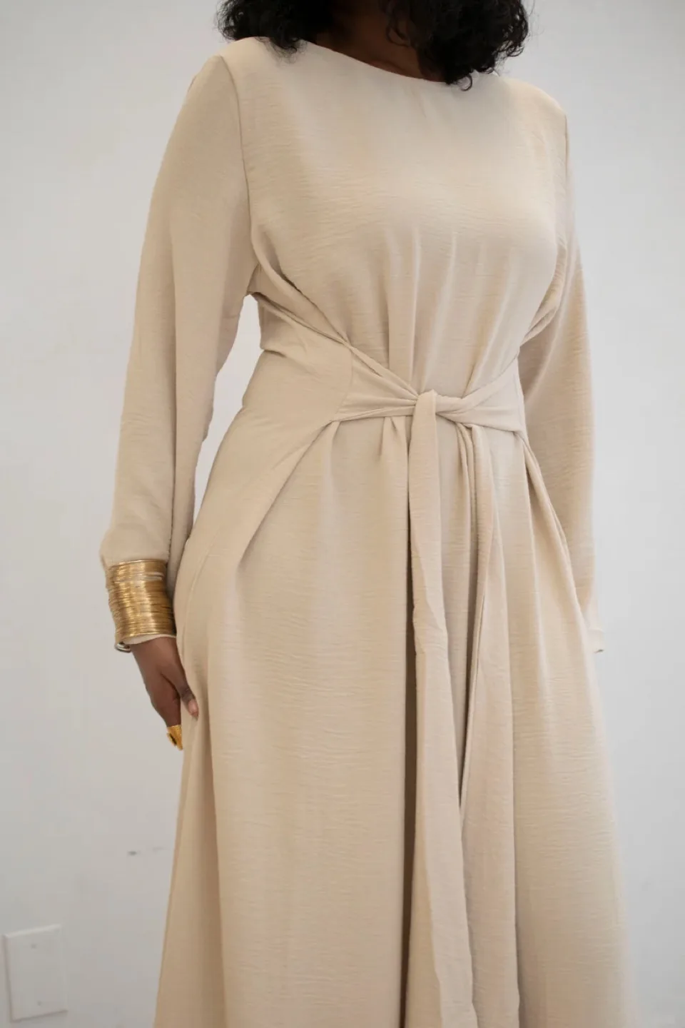 Beige Maxi Dress with Tie Waist thumbnail