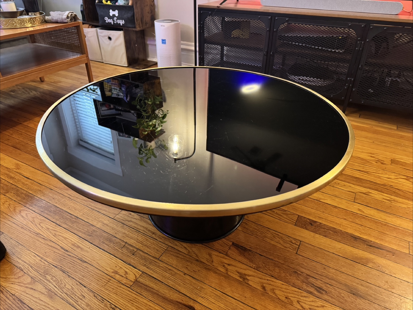 Round Black Glass Coffee Table with Gold Rim