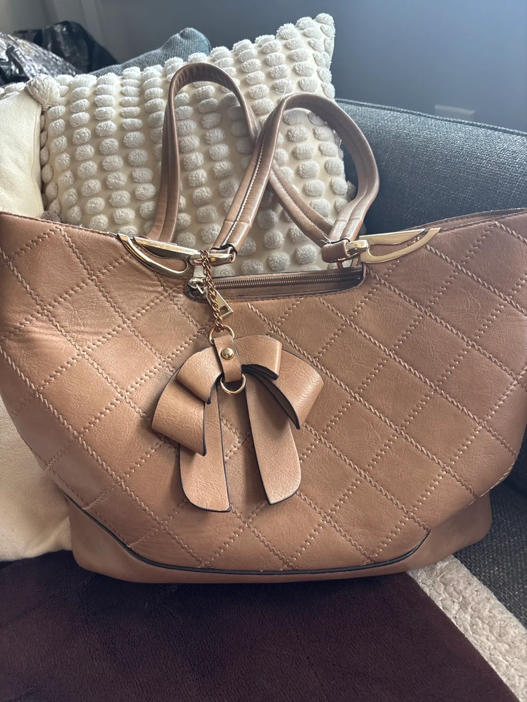 Tan Quilted Tote Bag with Bow Detail thumbnail