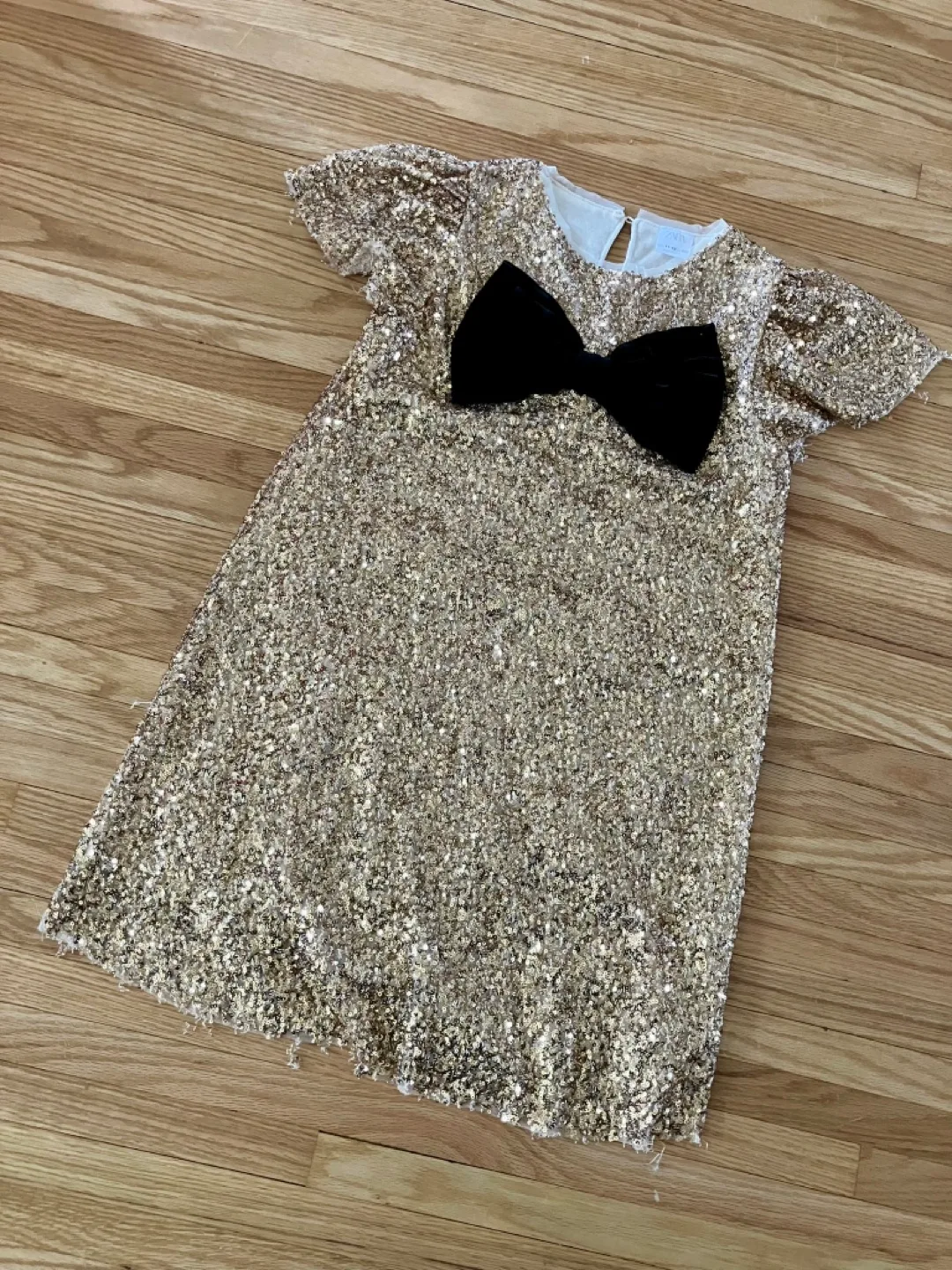 Zara Girls Fancy Gold Sequin Dress & Black Velvet Bow image indicator(2)