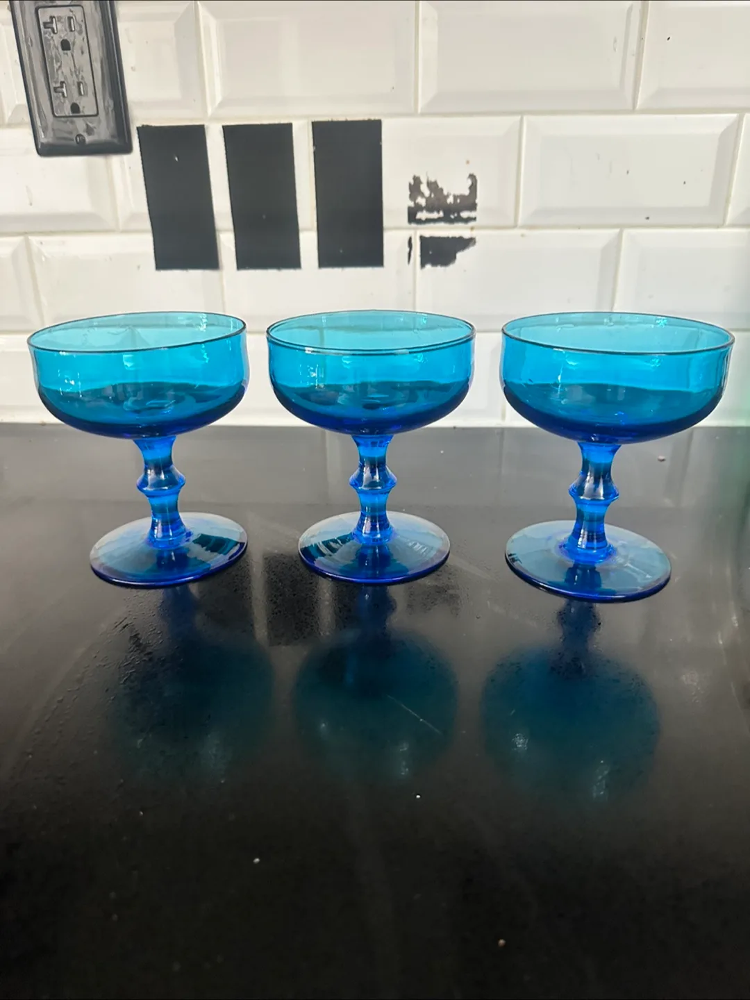 Set of Three Vintage Blue Glass Champagne Coupes thumbnail