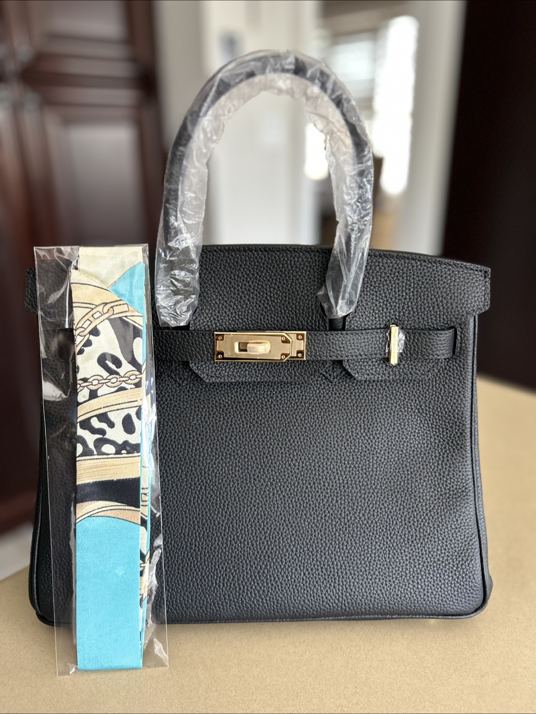 Black  Leather Handbag with Scarf - photo 3