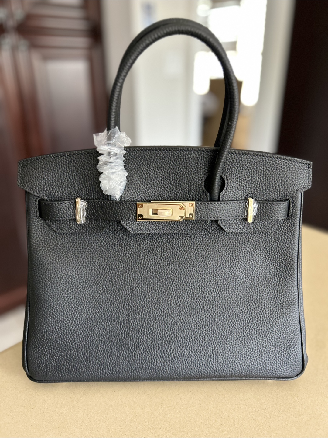 Black  Leather Handbag with Scarf