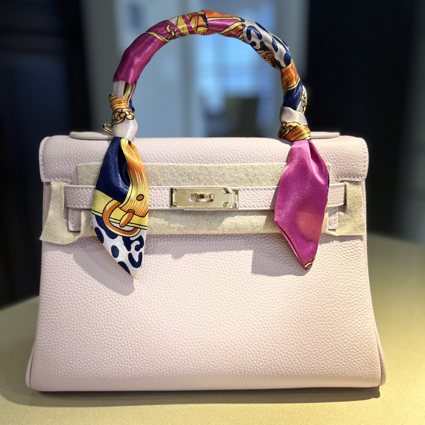 Pink Leather Handbag with Scarf Detail